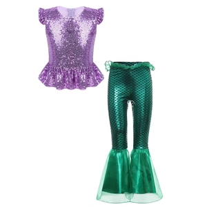 6-16 Kids Girls Mermaid Costume Top With Ruffle <b>Flared</b> Pants Sets For Theme Party Lyrical Dance Costumes - Product Image 3