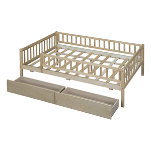 Lit de jour pleine grandeur en bois avec deux tiroirs, rangement naturel pour enfants - Product Image 4