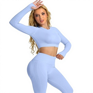 Ensemble de yoga sans couture pour femme : Leggings taille haute pleine longueur et haut à manches longues, couleur unie, extensible, tenue de sport avec découpes - Product Image 1