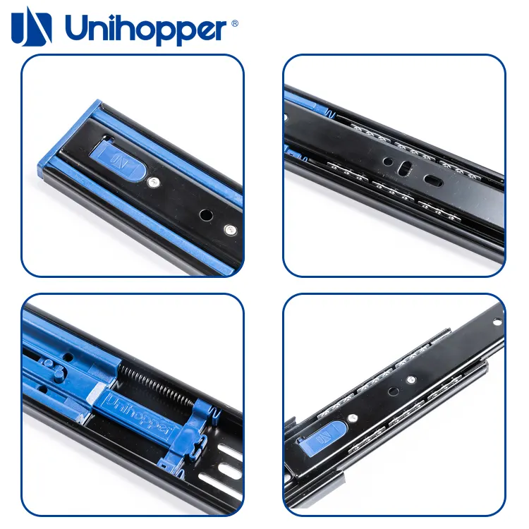 Unihopper 45MM 1,0*1,0*1,2 MM rodamiento de bolas de acero laminado en frío deslizante de cajón de cierre suave para muebles de gabinete canal telescópico