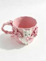 Mug Keramik 3D Kucing & Bunga Warna Pink, Cangkir Kopi Porselen Buatan Tangan dengan Gagang Bermotif Bunga untuk Pecinta Kucing