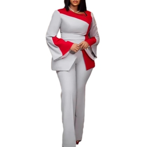 Elegante Traje de Pantalón Largo con Cintura Elástica y Mangas Largas con Diseño de Bloques de Color para Mujer - Product Image 4