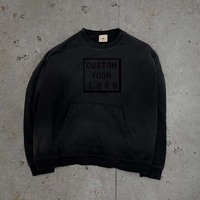 Sweat-shirt col rond vintage personnalisé en gros avec poche centrale, coupe oversize, bords effilochés, style streetwear rétro