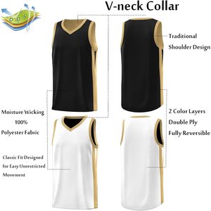 Men's Reversible Basketball Jersey Black White Gold V-Neck Moisture Wicking <b>Athletic</b> Uniform S 4XL - Product Image 3