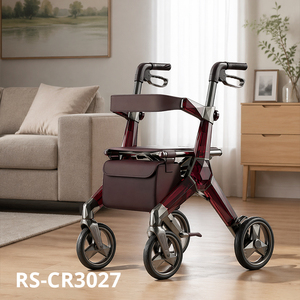 Déambulateur médical futuriste en fibre de carbone, cadre géométrique transparent rouge vin, léger et pliable à 4 roues - Product Image 1