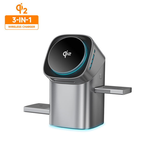 Factory Supply OEM Qi2 3in1 Wireless Charger with LED Display 15W Output Power Portable Magnetic Suction Wireless Charging Phone