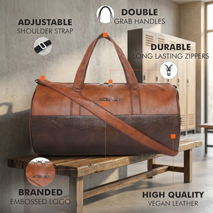 Bolsa de Lona Vintage de Cuero Genuino en Forma de Barril con Cierre de Cremallera, Asa Única, Unisex, para Gimnasio, con Correa para Hombro y Logotipo - Product Image 2