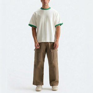 Camiseta Extra Grande para Hombre, 100% Algodón, Color Sólido, Ribete en Contraste, Cuello Redondo, Manga Corta, Estilo Casual, Logotipo Frontal, Transpirable - Product Image 1