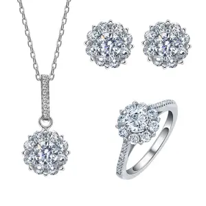 花钻石设计项链套装女性时尚925纯银全钻闪亮耳环戒指项链饰品套装