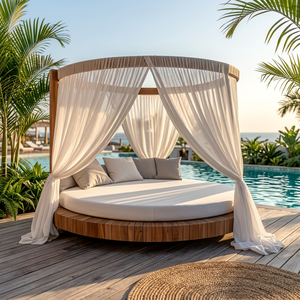 Canopy Sun Lounger Daybed Outdoor Wood Teak Frame Memory <b>Foam</b> Cushion Tropical Contemporary Design <b>Waterproof</b> Patio Furniture - Product Image 3