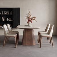 Noordse massief houten eettafel met travertijnblad, ovale eettafel, luxe eettafelset, aanpasbaar voor restaurants en kleine appartementen