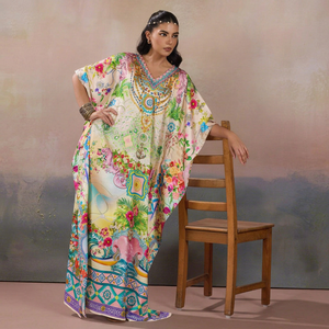 Hot Sale Designer Turkish Style <b>Kaftan</b> Kurta Women Polyester Handmade Batwing Sleeves Regular Fit Flared Hem Short Party V Neck - Product Image 1