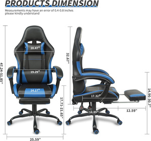 Chaise de jeu ergonomique de confort premium, bleue, pivotante, professionnelle, personnalisée, moderne, en cuir, siège de joueur PC avec inclinaison en apesanteur - Product Image 6