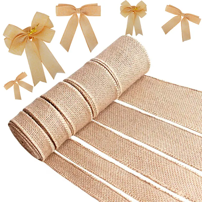 Rollo de cinta de Yute natural para decoración, rollo de cinta de arpillera con cable para regalo de boda y Navidad, venta al por mayor