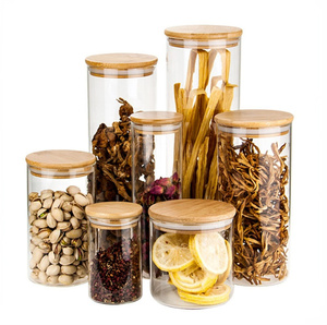 Lead-Free Round Glass Storage Jars With Bamboo Lids For Sugar Candy  Cookie  Rice and Spice Jars