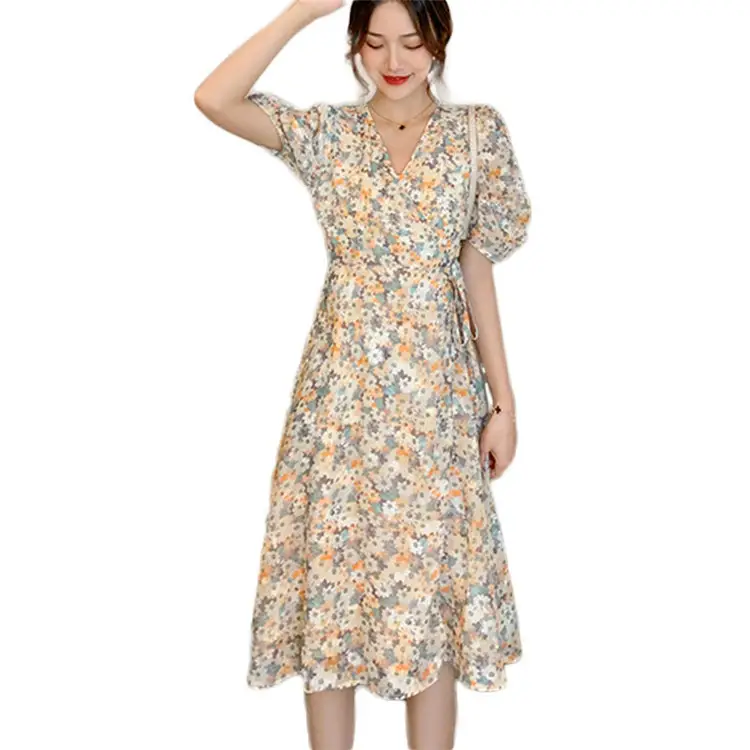 האחרון קוריאני אופנה קיץ קטן דייזי קצר ג 'רזי לעטוף שמלת נשים סקסי V צוואר שיפון Midi פרחוני שמלות