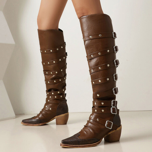 Cow Boy Women Western Styles Knee High <b>Boots</b> <b>Wedge</b> Chunky Heels Booties Pointed Toe Metal Buckles Shoes - Product Image 1
