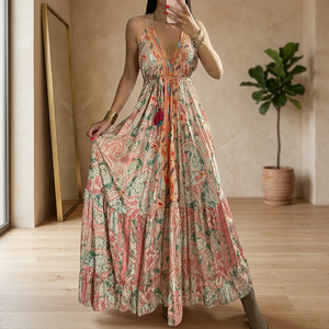 Vestido maxi casual de mujer con corte en A, diseño fluido sin espalda, cuello halter cruzado, sin mangas, con bordado a cuadros, lavable, para verano - Product Image 3
