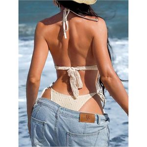 Women's Crochet <b>String</b> <b>Bikini</b> Set Halter Triangle Top High Cut Thong Bottom Swimwear Beachwear - Product Image 2