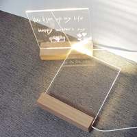 Tableau blanc effaçable à sec en acrylique transparent avec éclairage LED, support en bois, tableau de notes de bureau transparent, tableau de messages en lucite LED pour table