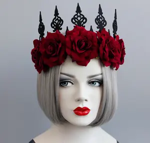 2019 nuevo de lujo Carnaval de halloween fiesta gótico rosa roja flor de la Reina del baile de graduación corona tiara diadema