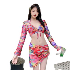 Floral Pattern Four Piece Swimwear Women V Neck <b>Padded</b> Long Sleeve Bikini Set For Beach Resort Swimming - Product Image 3