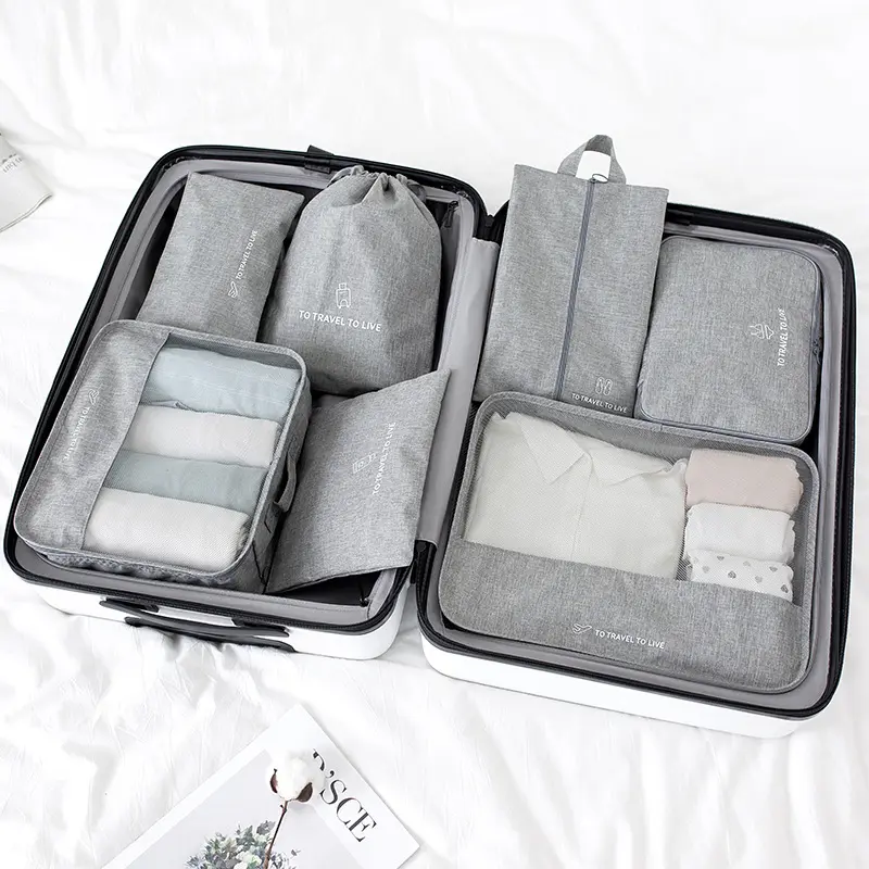 Reusable 7 Pcs Custom Waterproof Camping Cosmetic Clothing Shoe Organizer Set Travel Storage Bag