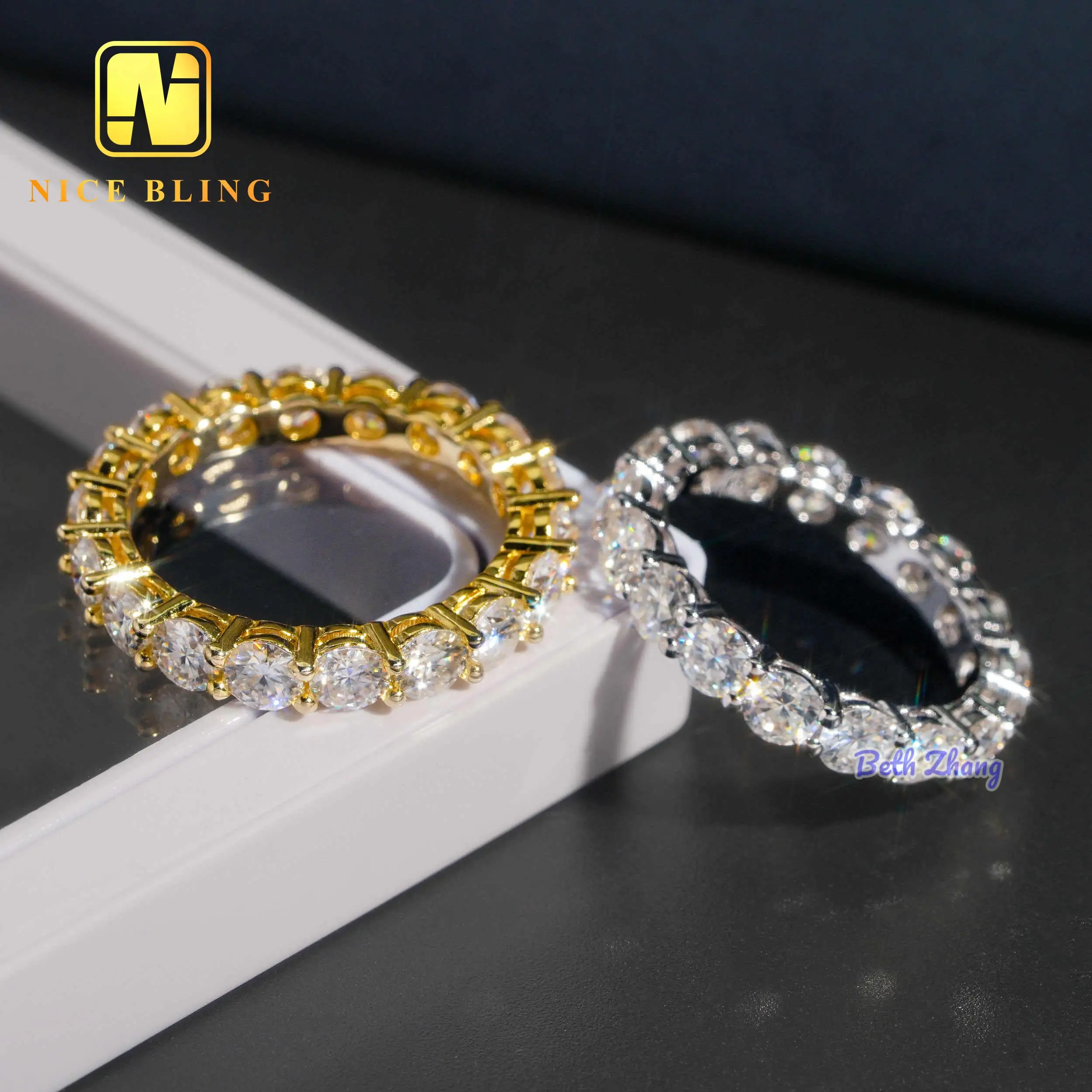 Cincin pertunangan mewah 925 perak murni 4mm vvs moissanite cincin tenis berlian mode pita pernikahan keabadian untuk pria wanita