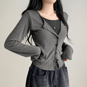 Camiseta de Punto de Manga Larga con Botones y Bloques de Color para Mujer, Estilo Casual, Ajustada, para Uso Diario - Product Image 4