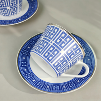 Ensemble élégant de tasses et soucoupes en porcelaine fine bleue à motifs géométriques, 2 tasses 2 soucoupes, bordure argentée, style vintage, pour café et thé, décoration d'intérieur, cadeau
