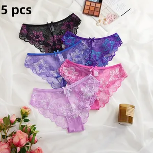 5 uds. De ropa interior de encaje transparente de talla grande para mujer, ropa interior Sexy transpirable para niñas, bragas Hipster, bragas Binini elásticas