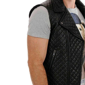 Chaleco de Cuero Genuino Acolchado con Diamantes para Hombre, Cuello Solapa, Cremallera Asimétrica, Estilo Biker, Sin Mangas - Product Image 6
