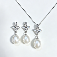 Parure de bijoux en perles d'eau douce, forme riz, avec pendentif feuille en nacre et zircon cubique, collier et boucles d'oreilles pendantes en argent 925 plaqué rhodium, unisexe