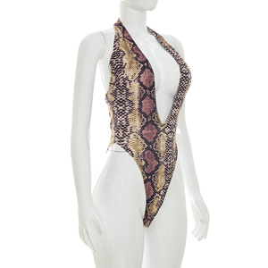 Viviblook J26BS204 Women Summer <b>Bodysuit</b> New Sexy Sleeveless Snake Print Deep <b>V</b>-<b>Neck</b> Printed Halter Backless <b>Bodysuit</b> - Product Image 3