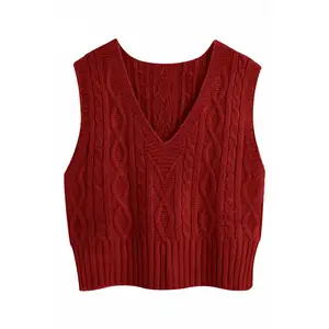 Sweater Vest Damen V-Ausschnitt Sweater Tank Tops Pullover Cable Knit Weste Einfarbig Ärmelloses Loose Fit Sweater Top