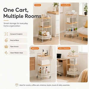 <span class=keywords><strong>Chariot</strong></span> de rangement roulant moderne à 2/3 niveaux en acier et MDF, organisateur domestique, <span class=keywords><strong>chariot</strong></span> utilitaire pour cuisine et salle de bain avec roulettes - Product Image 4