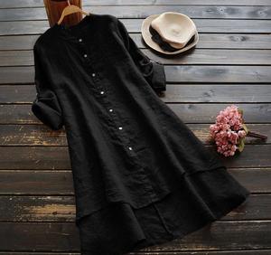 JiyunD Ms. abito camicia lunga a maniche lunghe in <span class=keywords><strong>cotone</strong></span> e lino con bottoni tinta unita - Product Image 3