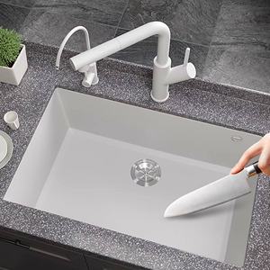 Évier de cuisine en granit et quartz, grand modèle, à poser sous le plan, couleur gris, robuste, moderne, pour usage domestique - Product Image 3