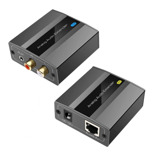 Analog 2RCA Audio Extender RCA 3.5mm Stereo Over RJ45 Ethernet Single Cat5e Cat6 Cable LPCM PCM Extender for Laptop Speaker 450m