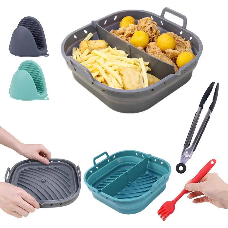 OEM Square Shaped Foldable Non-stick Silicone Air Fryer Liners 8/8.5inch Oven Pan Basket Airfryer Silicon Liner Pot With Divider