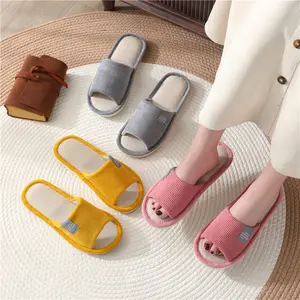 Women Indoor Slippers Flax Linen Floor Flat Shoes Soft Breathable Anti-slip Slides Bedroom Female Male Home Slipper
