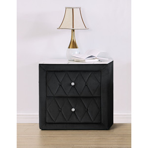 Mesa de Noche Negra con Tapicería de Tela, Superficie de Imitación Mármol, Dos Cajones, Mueble de Madera para Dormitorio - Product Image 1