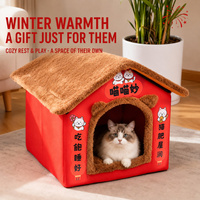 Nouvelle Maison pour Chat Rouge du Nouvel An Chinois, Pliable, Chaude pour l'Hiver, avec Coussin Amovible, Lit-Cave Fermé pour Chats et Chiens, Utilisation Intérieure