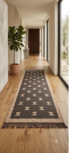 Tapis de couloir en laine et jute tissé à la main |   Tapis de couloir géométrique tribal noir et beige pour l'entrée de la maison, style bohème, sud-ouest, ferme - Product Image 3