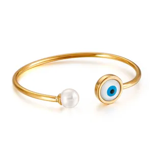 Trendy Designers Silver Gold Plated Open Cuff Stainless Steel Pearl Evil-Eye Bracelet