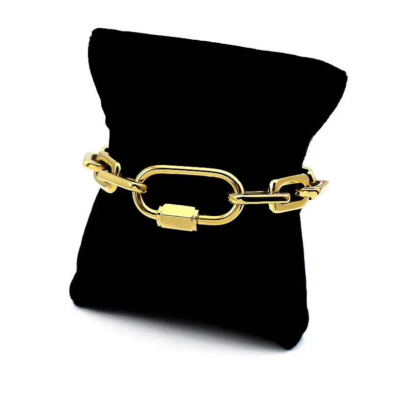Punk Bangle Bracelet For Women Men Hand Jewelry Big Screw Lock Heavy Gold Plated Stainless Steel Chain Bracelet Necklace Set