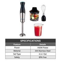 Mixeur Plongeant Électrique 4-en-1 OEM/ODM Puissant avec Hachoir 500ml, Fouet et Verre Mesureur pour une Préparation Culinaire Facile