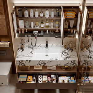 Meuble-lavabo mural moderne en MDF laqué avec miroir intelligent, solution de rangement pour salle de bain, vasque en céramique, garantie 3 ans - Product Image 2