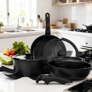 Batterie de cuisine 15 pièces en aluminium moulé sous pression antiadhésive, la plus vendue, avec couvercles en verre et poignées amovibles, compatible induction - Product Image 1