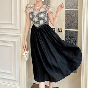 Abito Midi 21765 estivo nero di alta qualità in pizzo floreale Patchwork francese collo naturale girovita intrecciata abbigliamento Casual - Product Image 2